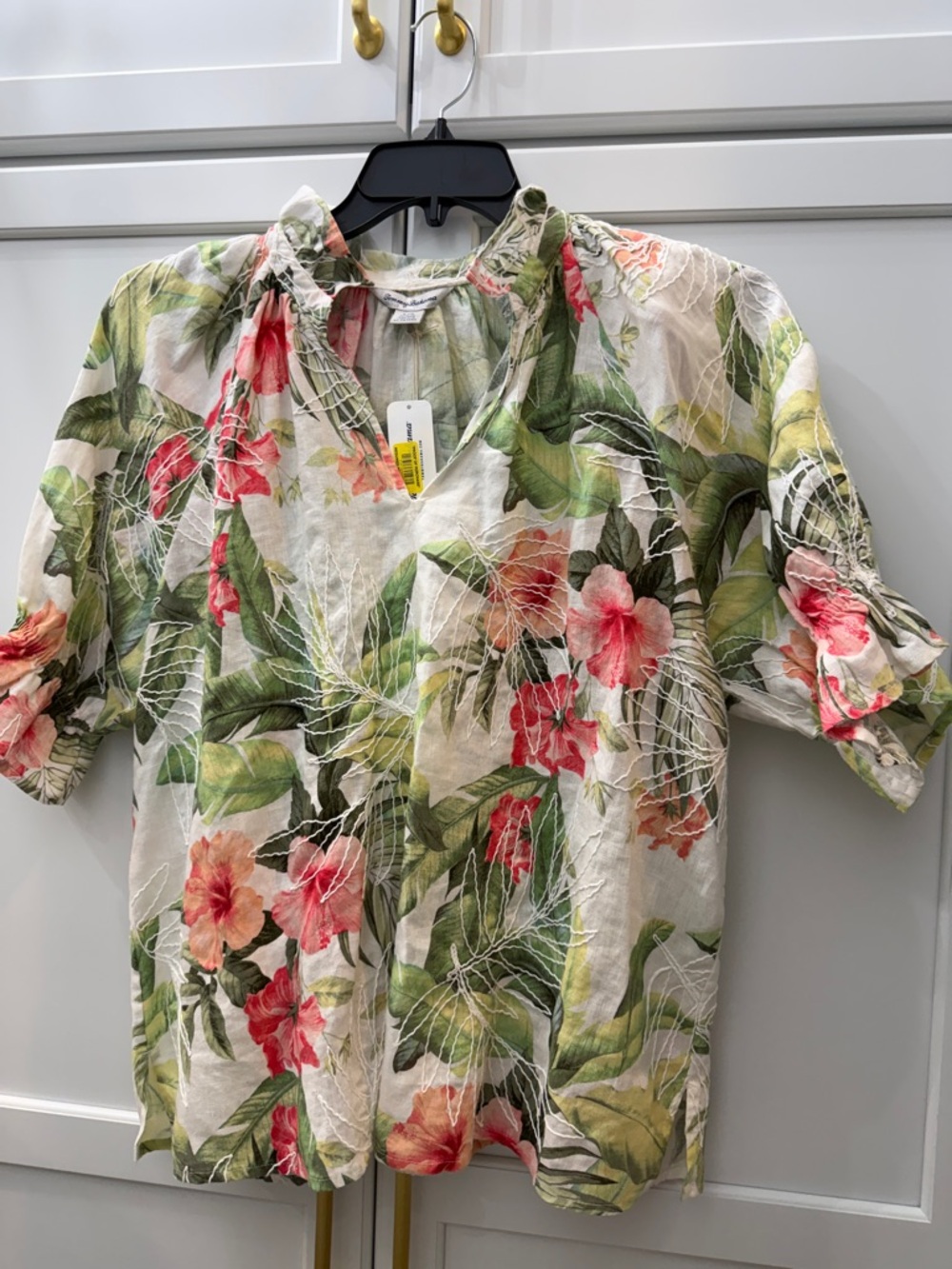 Tommy Bahama Floral Linen Blend Blouse in Green and Pink NWT Lg